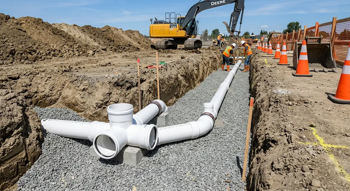 New PVC sewer pipe installation in open trench for Sewer Backup in Alamo