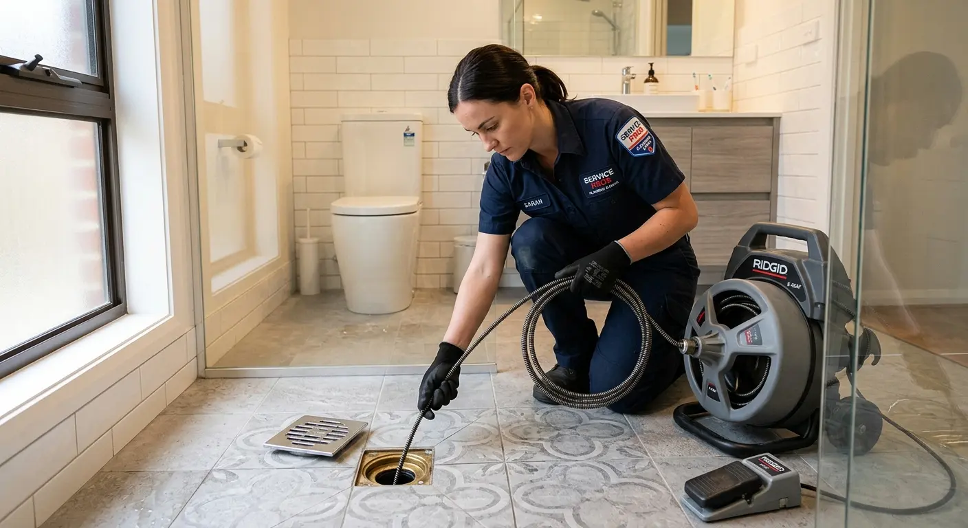 Technician clearing a bathroom floor drain for Sewer Line Replacement in Alamo